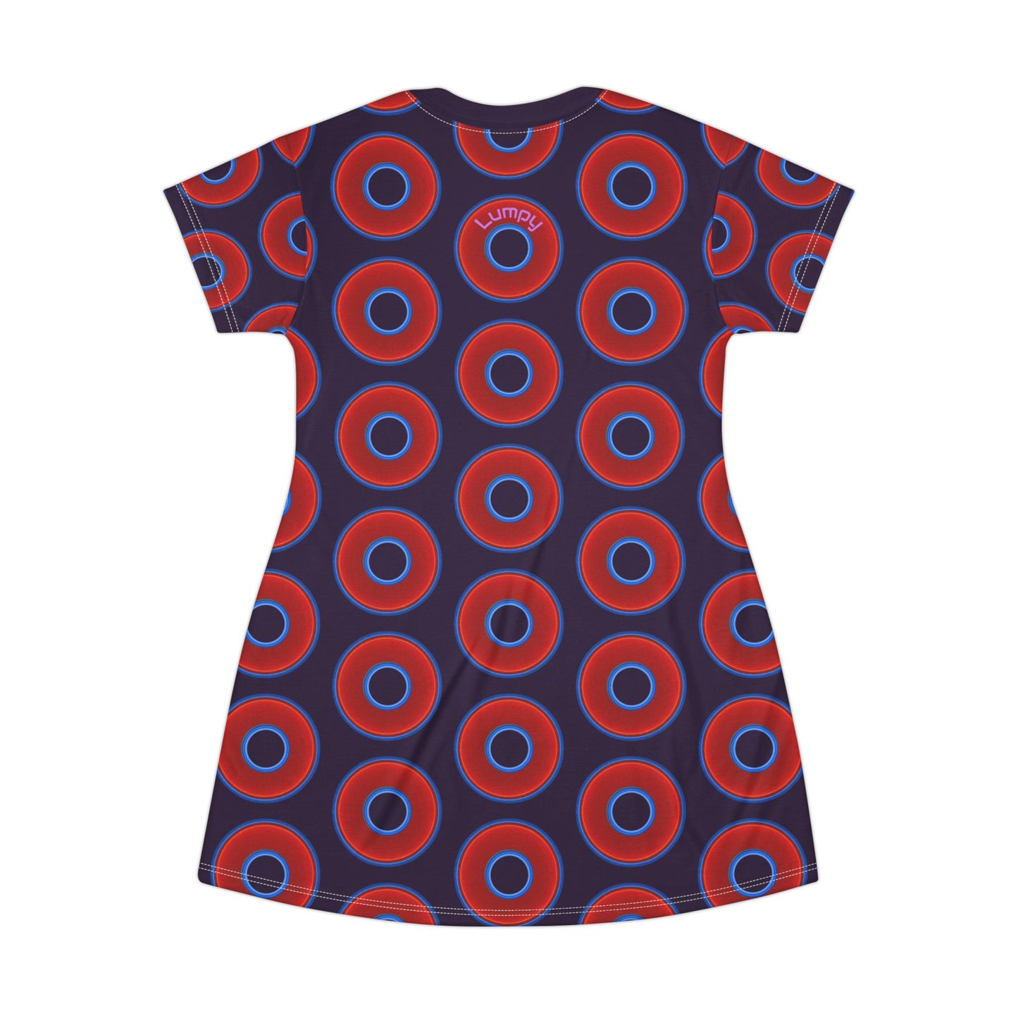 Not a Muumuu AOP Tee Shirt Dress - red vivid donuts w/midnight purple background