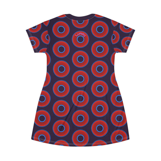 Not a Muumuu AOP Tee Shirt Dress - red vivid donuts w/midnight purple background