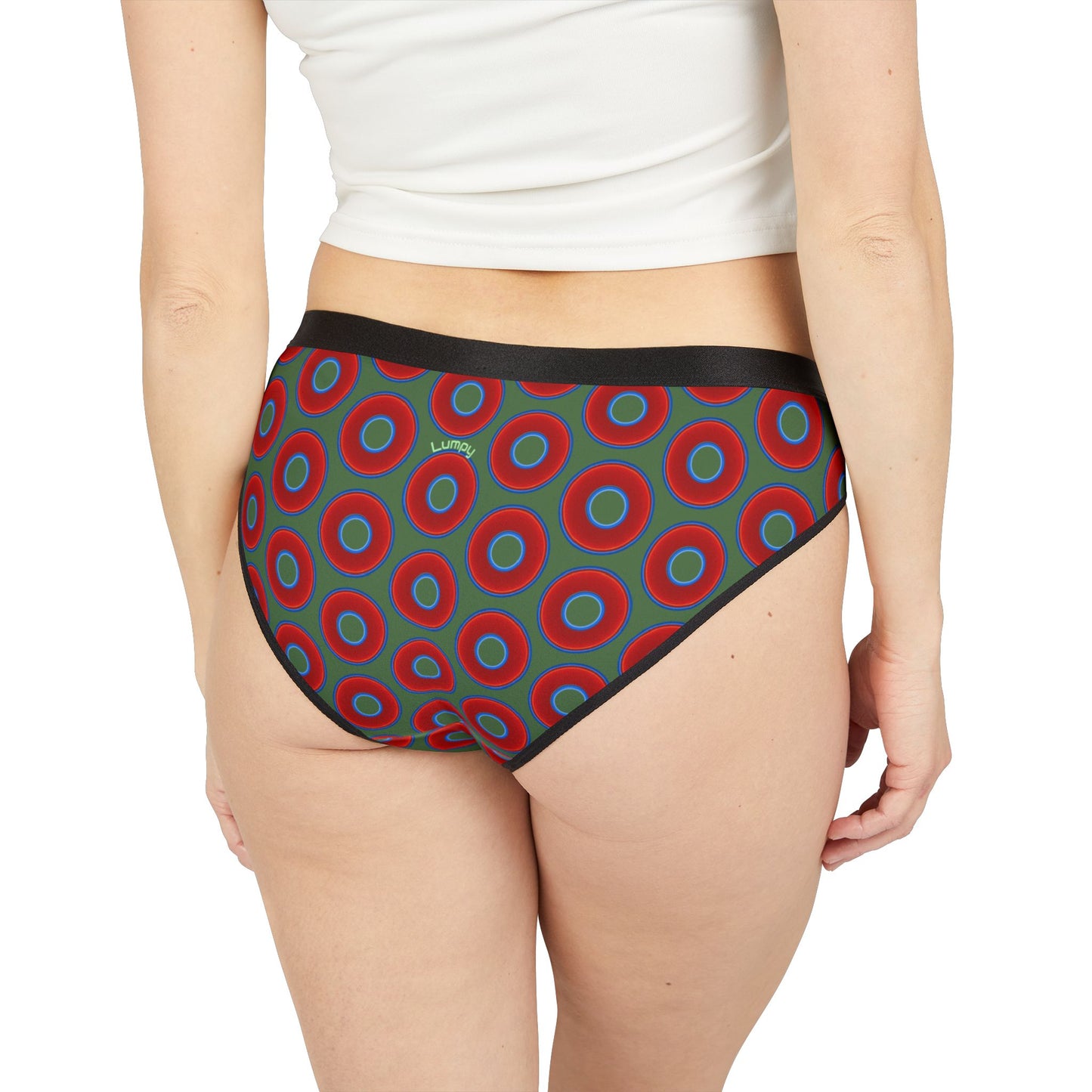 Lumpy Donut Underwear - vivid red donut print w/dark green background