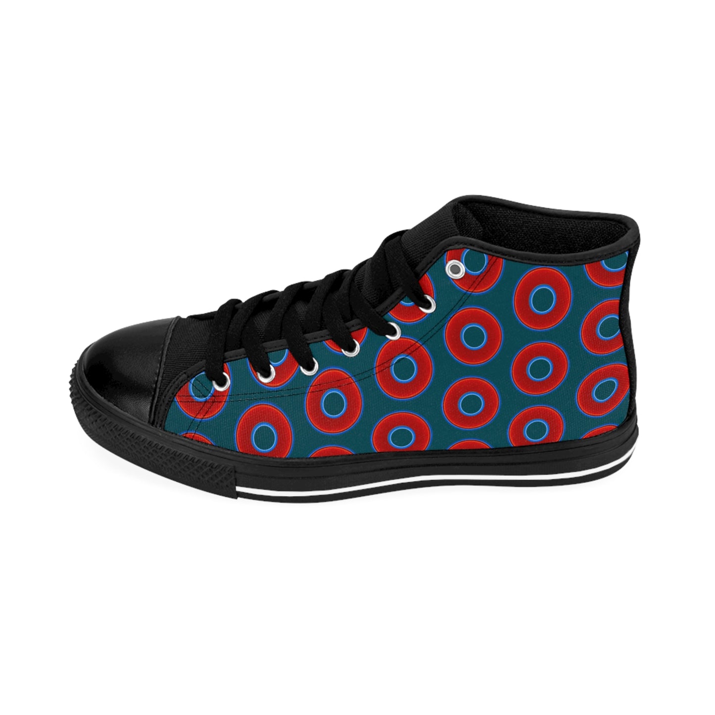 Cushiony Convectors - High Tops - red vivid donuts w/midnight teal green background