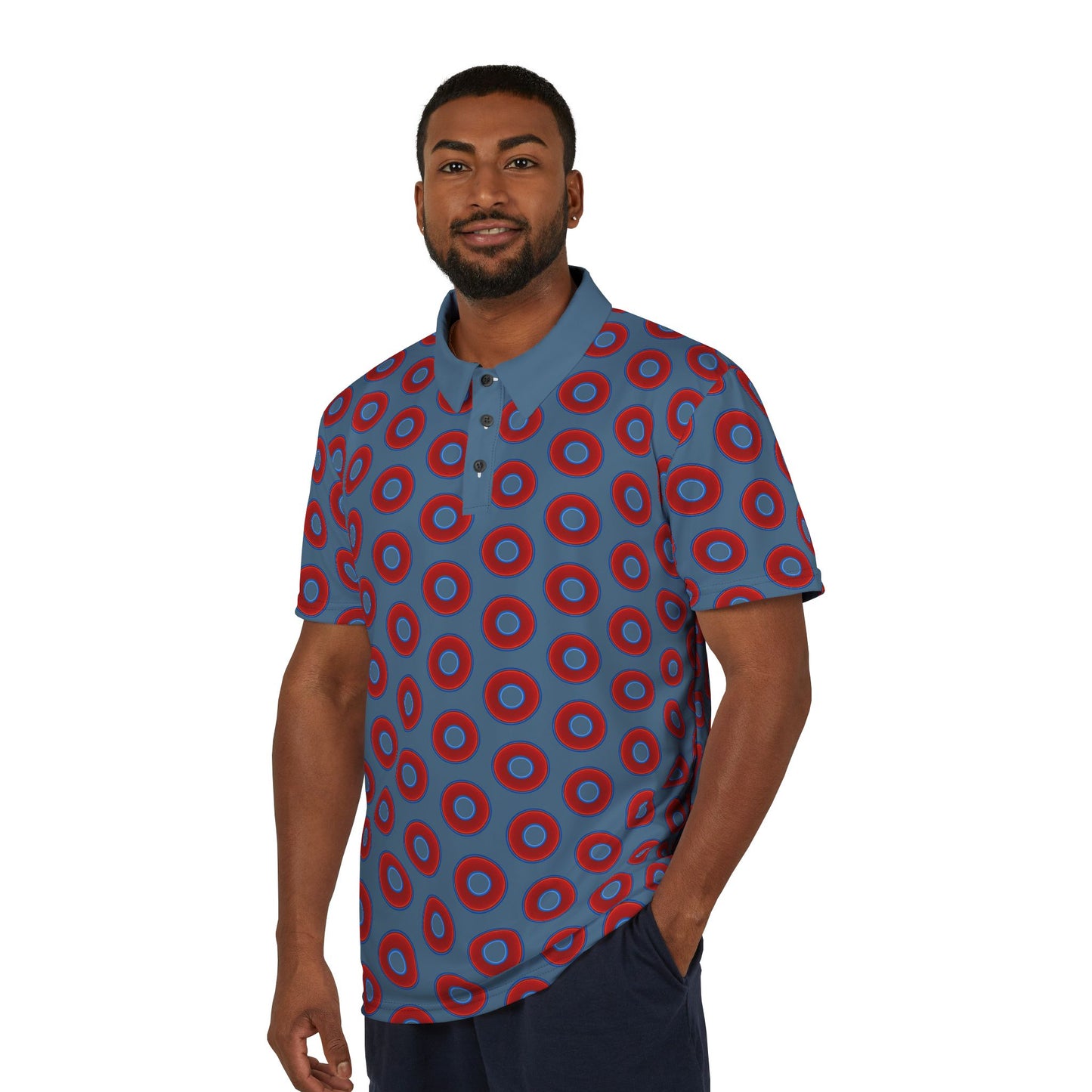 AOP Donut Polo - vivid donut print w/steel blue background [unisex]