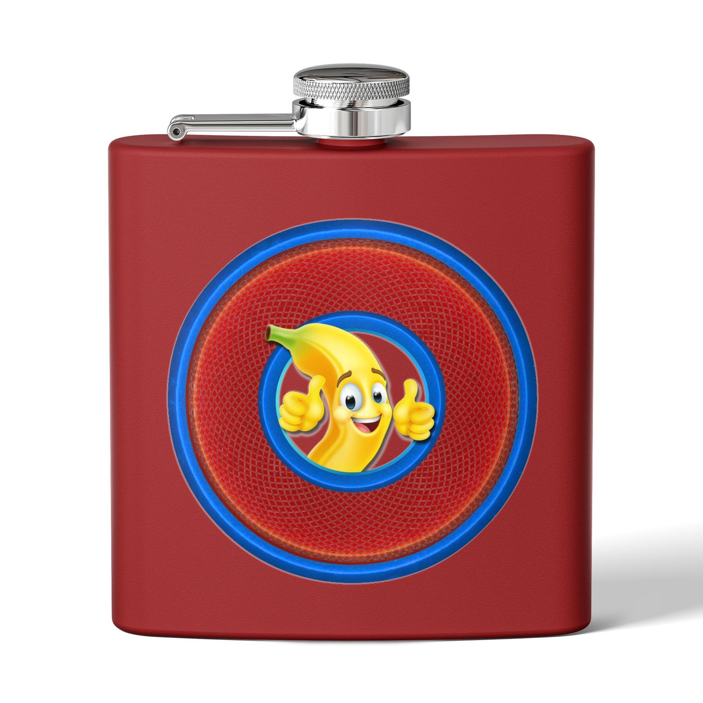 Lump's Donut Flask 6 oz -  "This Flask is Bananas" - red/blue rustic donut - [*w/your choice of 6 backgrounds]