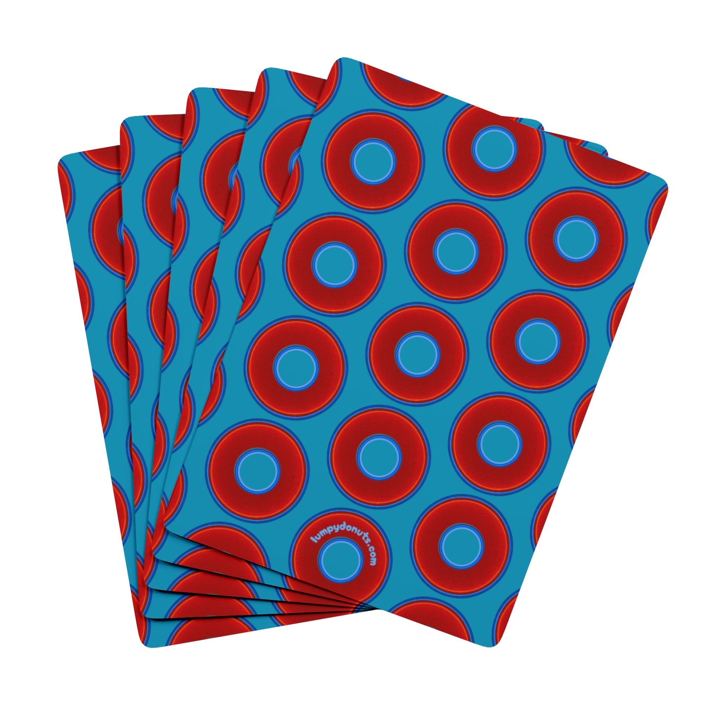 Lumpy Donut Playing Decks - 52-cards - red vivid donuts w/aquamarine blue background