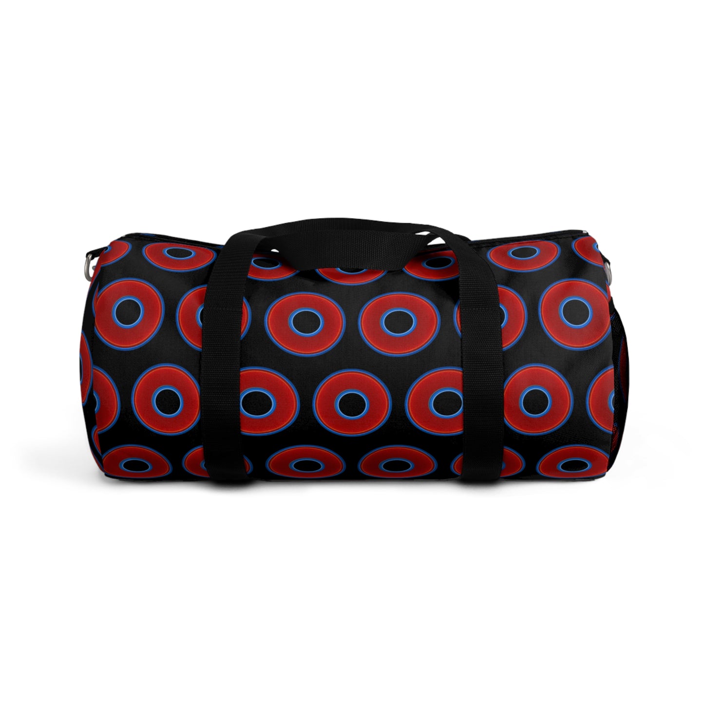 Lumpy Duffel - vivid red donuts w/black background