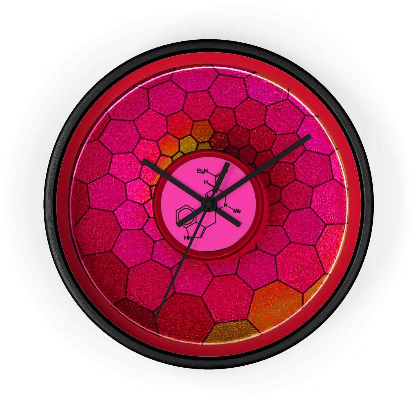 Lumpy Wall Clock - "Dr. Albert Hofmann's Donut" - variant 1 - magenta hexadonut w/red background