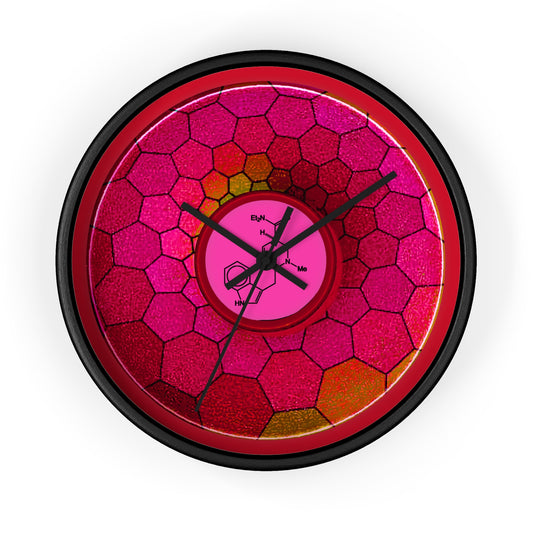 Lumpy Wall Clock - "Dr. Albert Hofmann's Donut" - variant 1 - magenta hexadonut w/red background