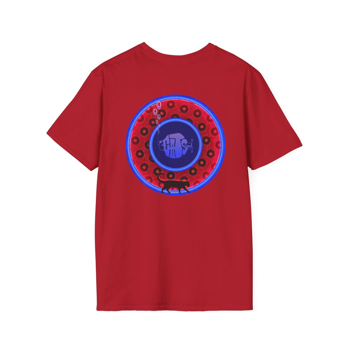 Classic Donut Tee - Unisex Soft-Style - "The Cat's Meow Donut' - red/blue paradox widemouthed donut