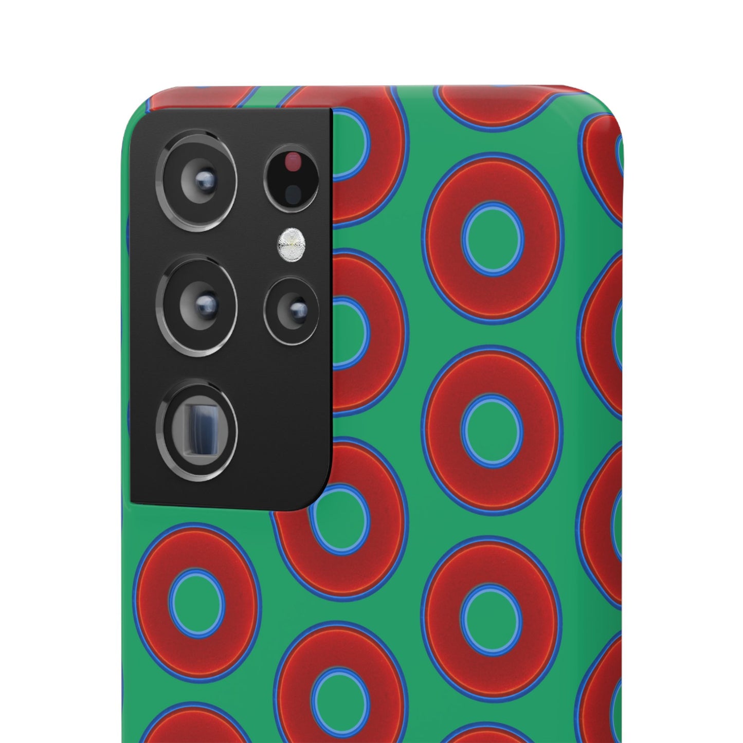 Lumpy Donut Snap Case - red vivid donut print w/jade green background