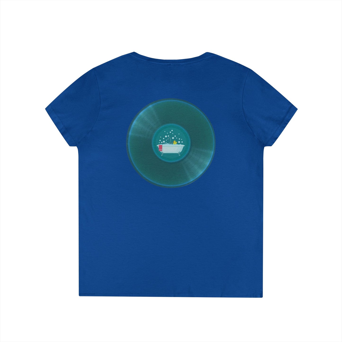 Women's Donut V-Neck Tee - "Bathtub Fun Donut" - vivid aquamarine donuts w/tub