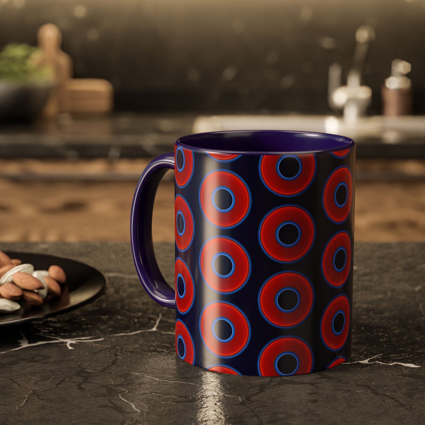 Lump's Grumpy Coffee Mug - vivid red donuts w/midnight blue background