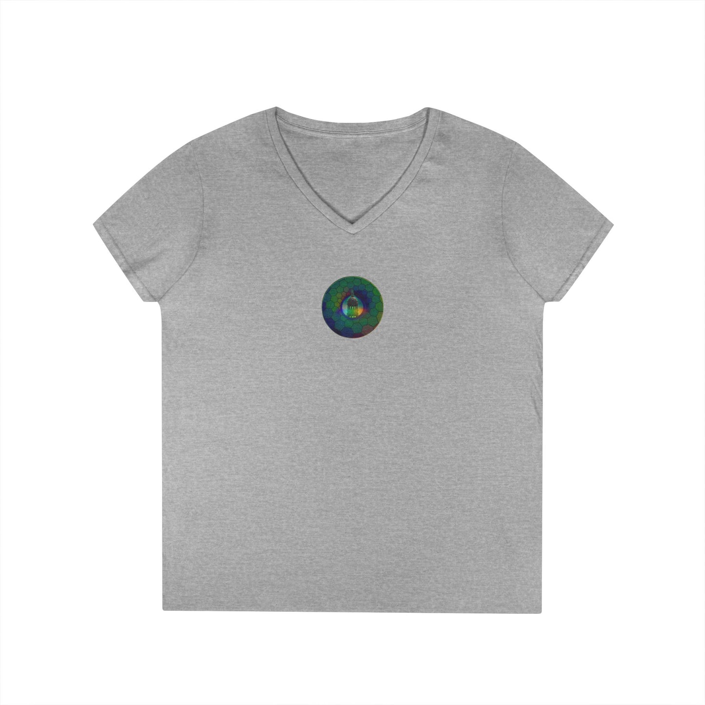 Women's Donut V-Neck Tee - "Save the Mondegreen City Hall Clock Tower" - variant 1 - green hexadonut w/
