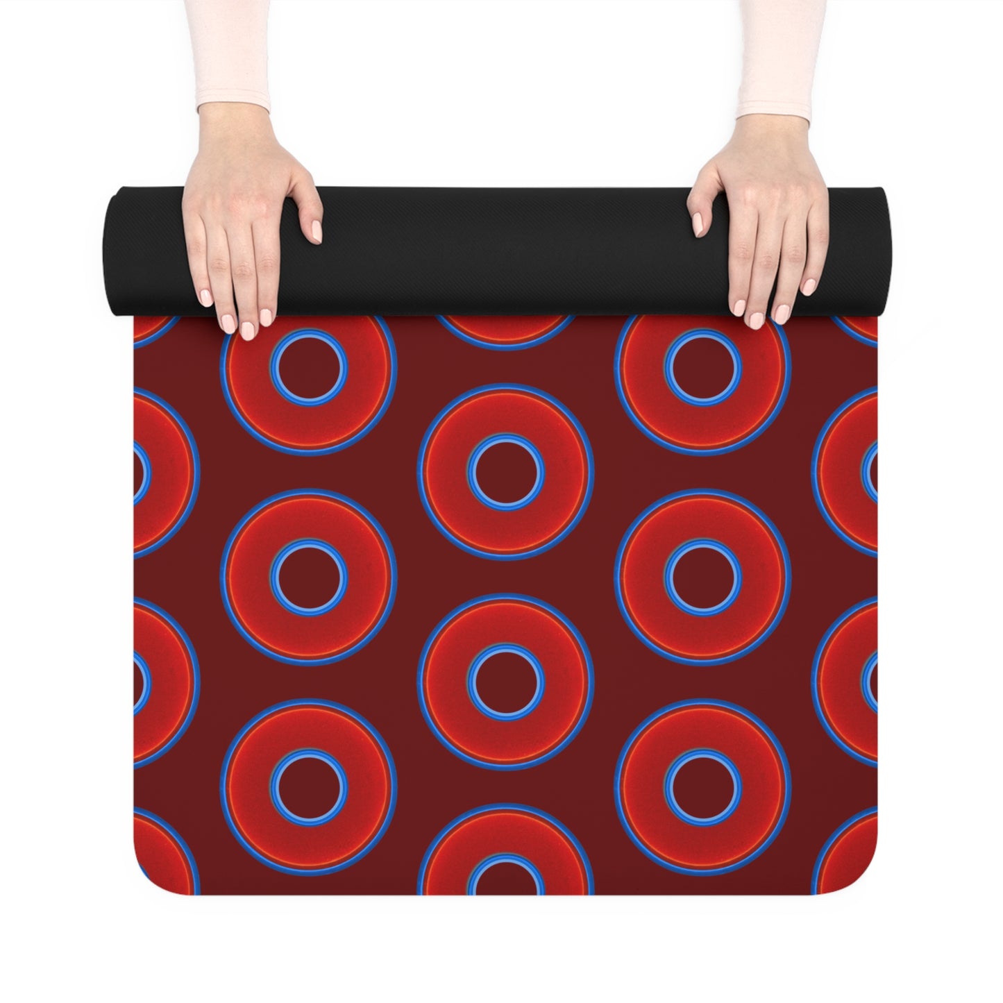 Lumpy Donut Yoga Mat :) - 24″ x 70" - vivid red donut print w/dark red background
