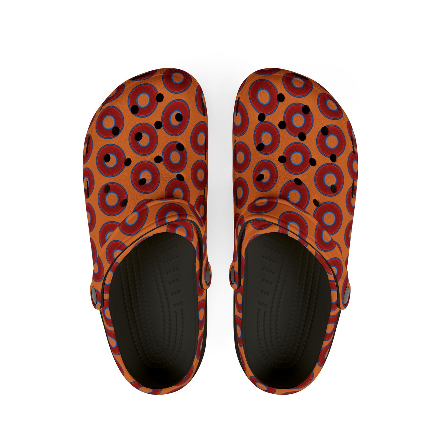 Spatchcocks - donut slip-on shoes - vivid red donuts w/dark orange background [unisex]