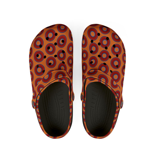 Spatchcocks - donut slip-on shoes - vivid red donuts w/dark orange background [unisex]