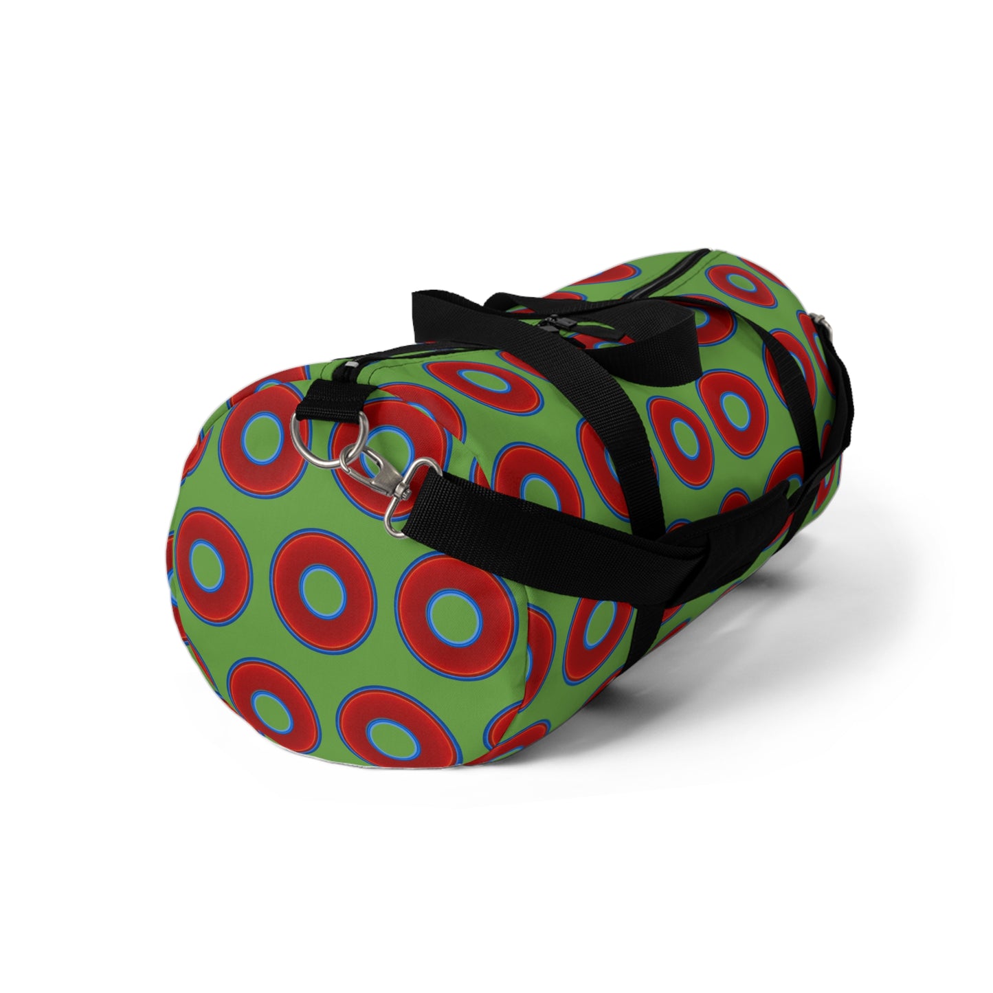 Lumpy Duffel - vivid red donuts w/light green background
