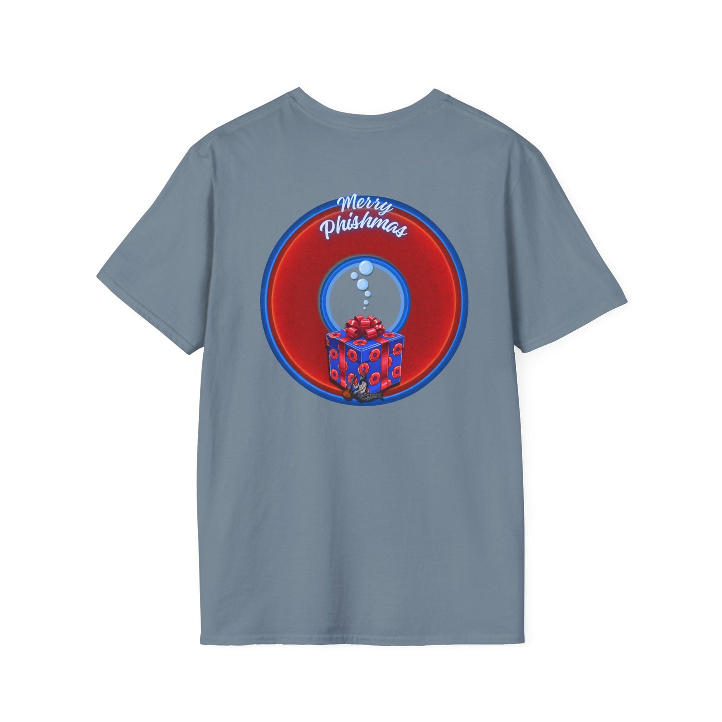 Classic Donut Tee - Unisex Soft-Style - "Phishmas Caroler's Tee " - vivid red/blue donut - variant 2