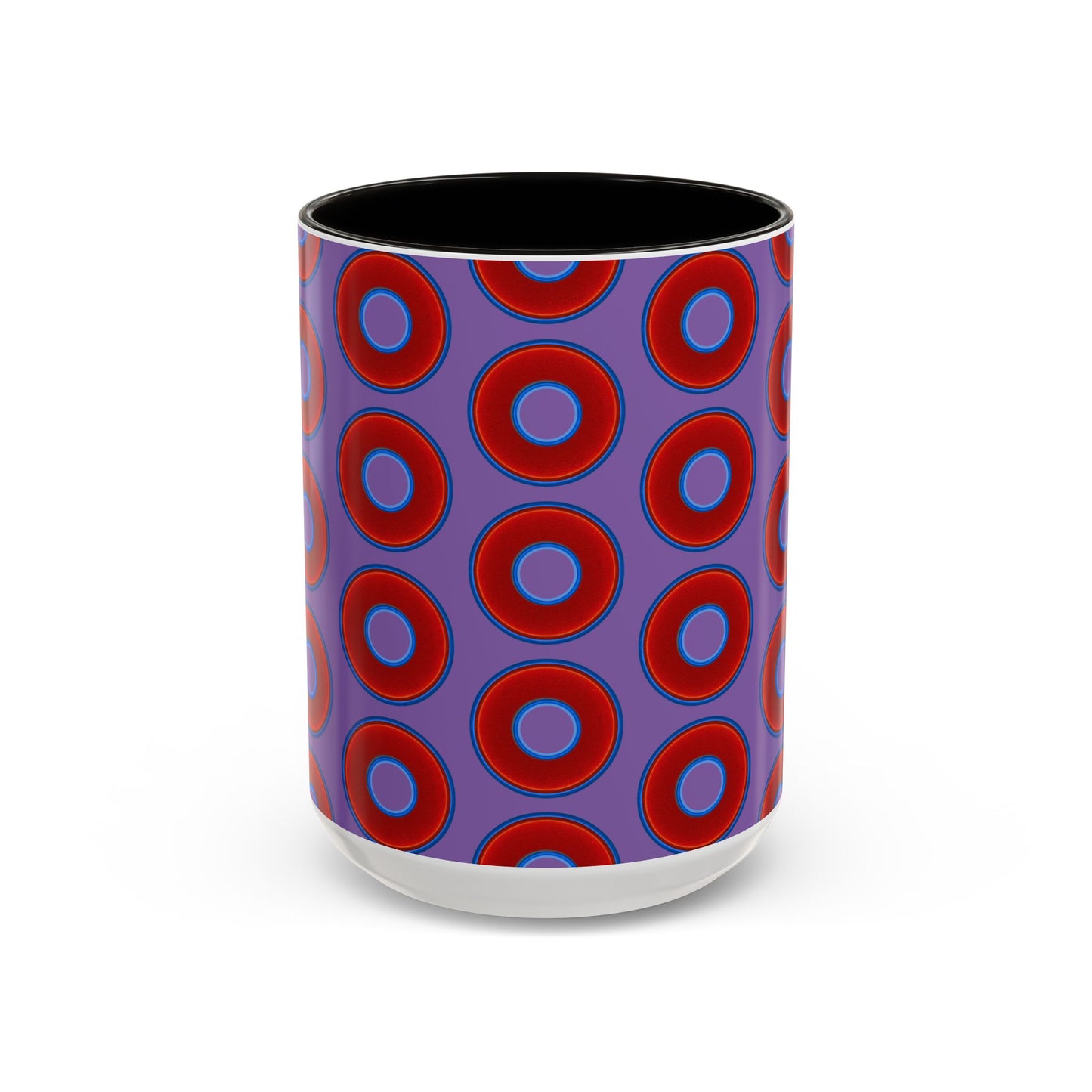 Lump's Grumpy Coffee Mug - vivid red donuts w/light purple background