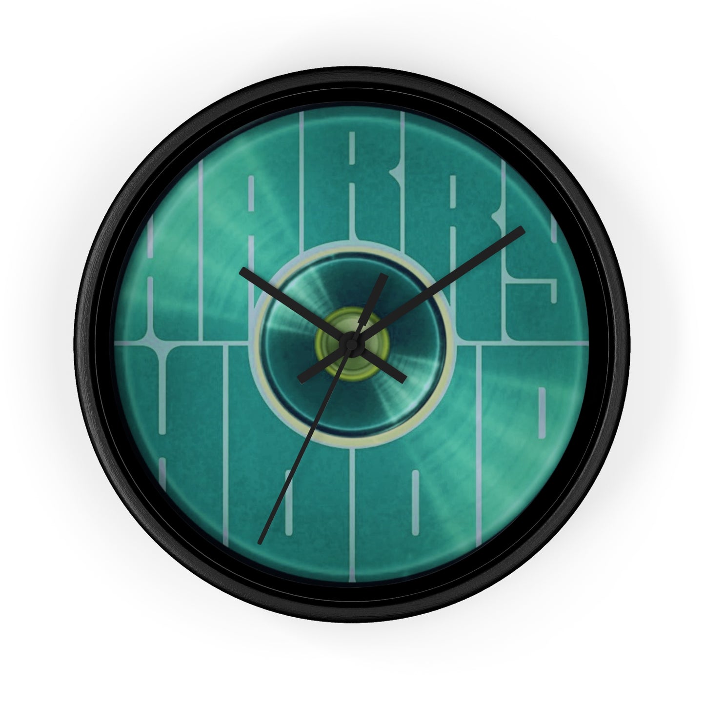 Lumpy Wall Clock - "Harry Hoodlum Donut Clock" - variant 3 - green vivid/word donut w/black background