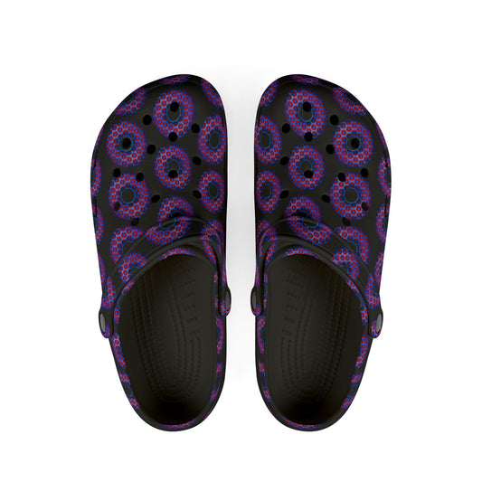 Spatchcocks - donut slip-on shoes - paradoxical red bling donuts w/black background [unisex]