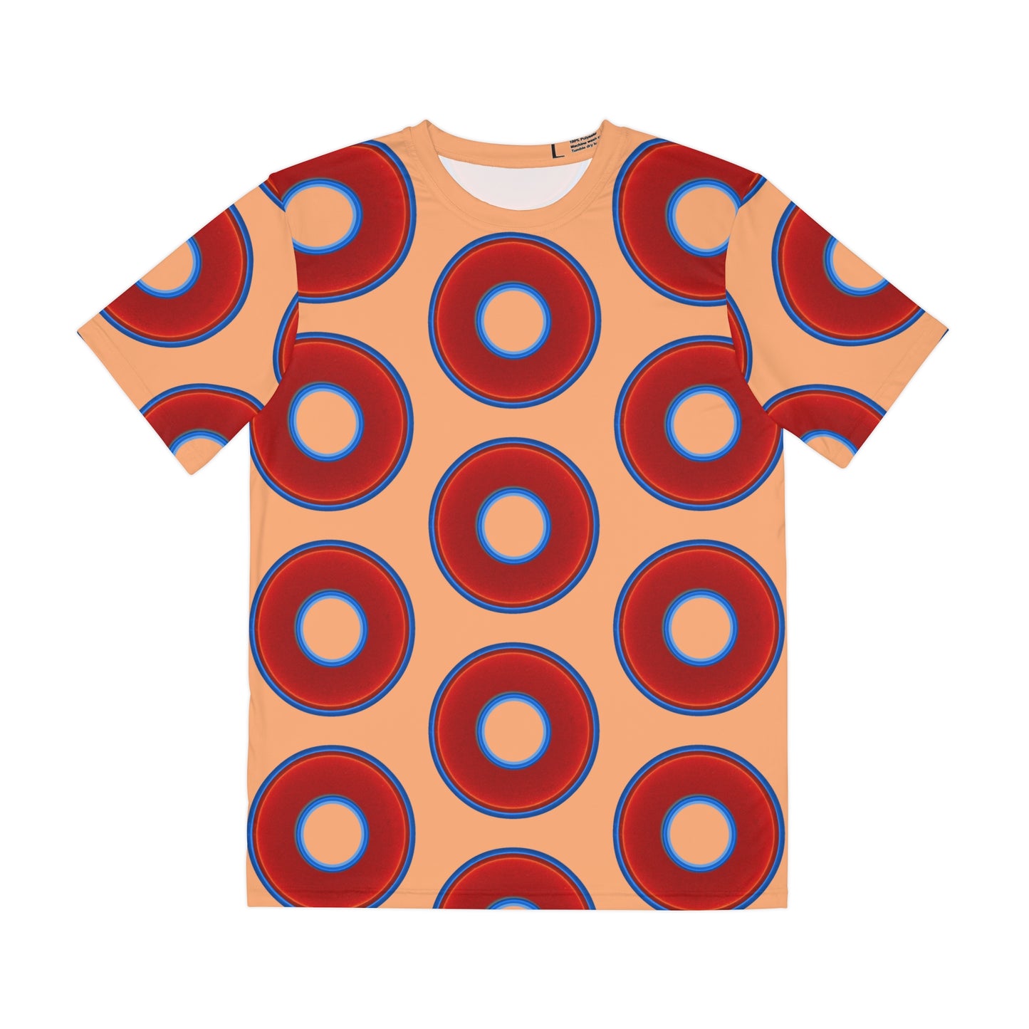 Multi-Beastie Giant Donut AOP Polyester Tee - red vivid donut print w/peach green background