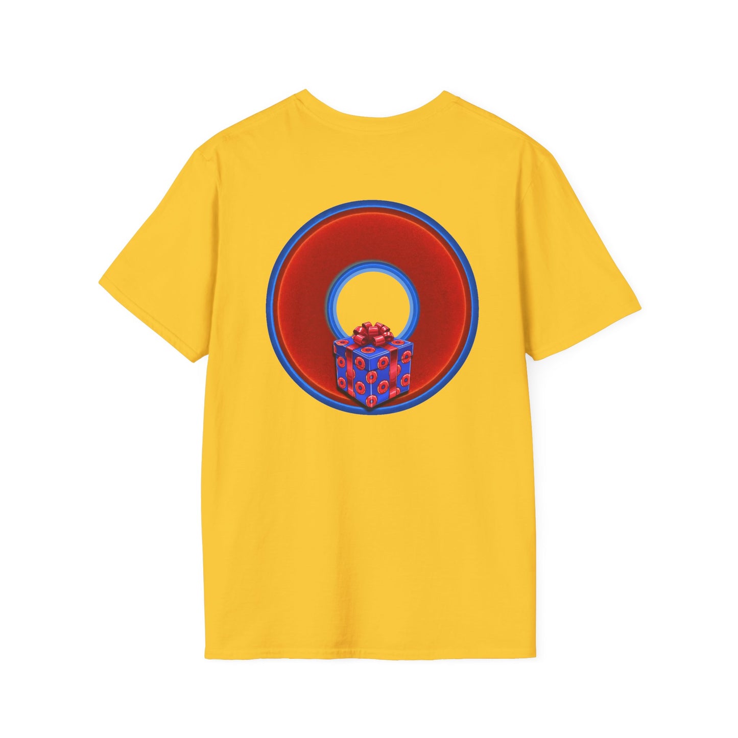 Classic Donut Tee - Unisex Soft-Style - "Phishmas Caroler's Tee " - vivid red/blue donut - variant 1