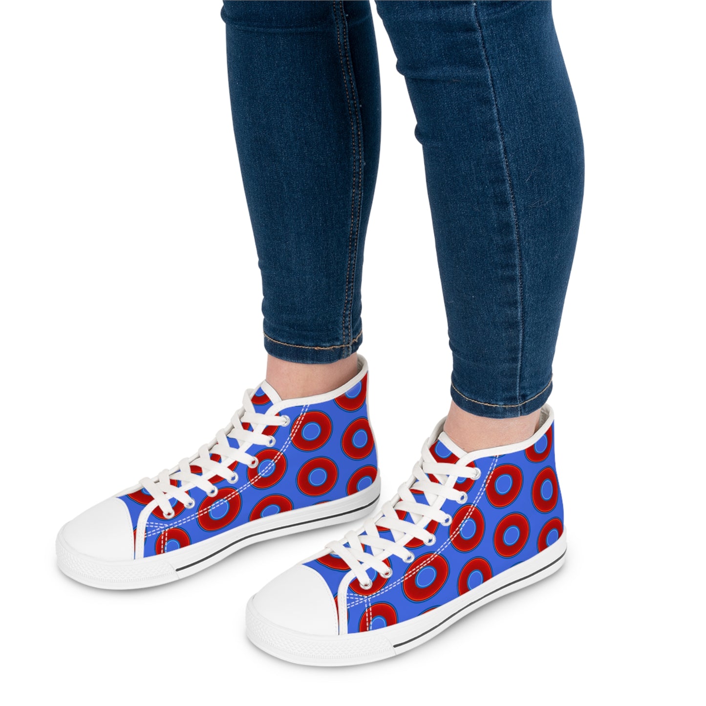 Women's High Top Chuck Taylors - large vivid red donut print w/royal blue background