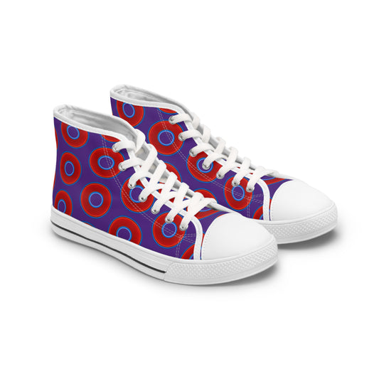 Women's High Top Chuck Taylors - large vivid red donut print w/purple background