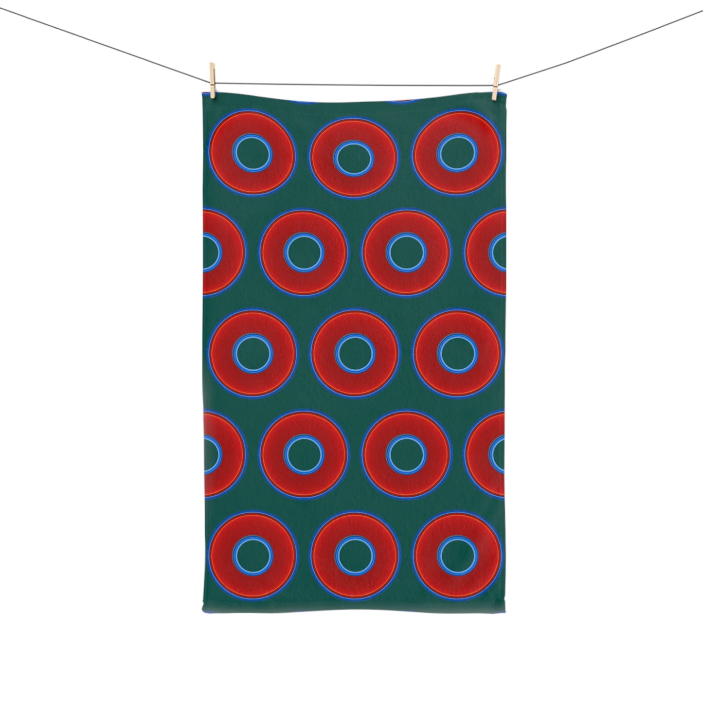 Lumpy Kitchen/Hand Towels - vivid red donuts w/dark Fenway green background