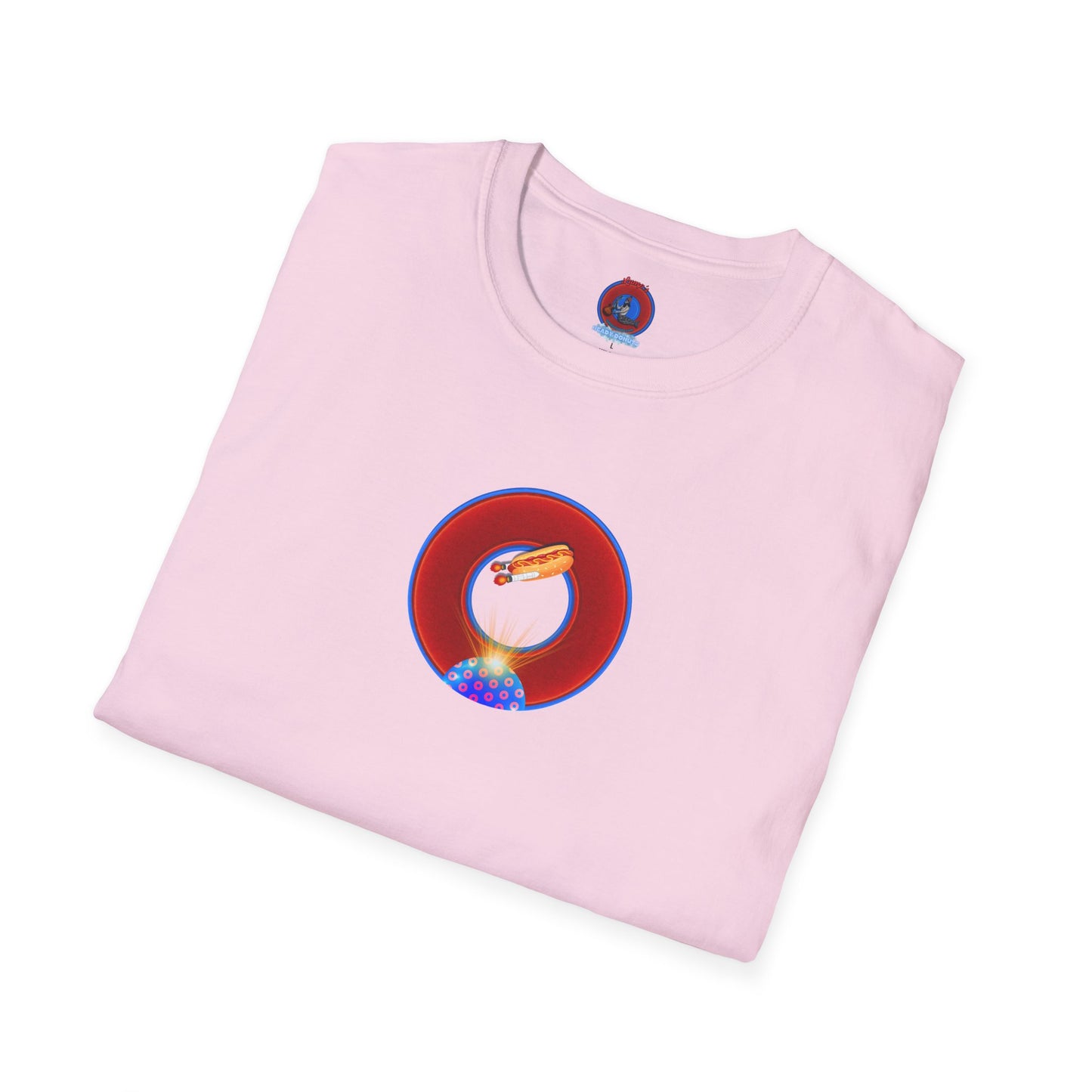 Classic Donut Tee - Unisex Soft-Style - "Viva Las Vegas Donut" -  vivid red donut w/raw dogger - variant 3