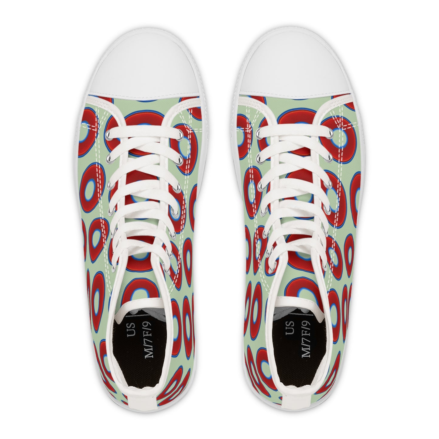 Women's High Top Chuck Taylors - large vivid red donut print w/seafoam background