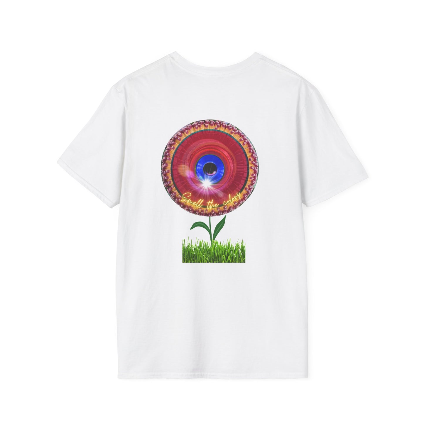 Classic Donut Tee - Unisex Soft-Style - "Smell the Donuts Outside on my Lawn"  " variant 2 - blue donut on red donut/flower