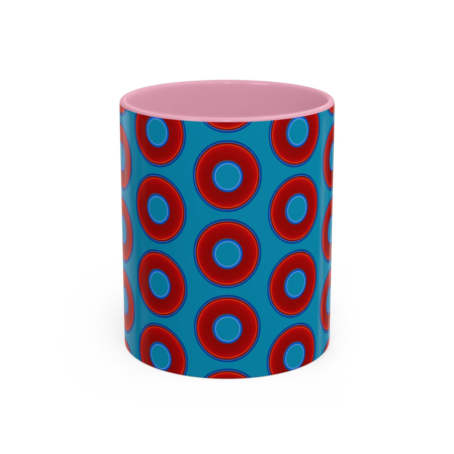 Lump's Grumpy Coffee Mug - vivid red donuts w/aquamarine blue background