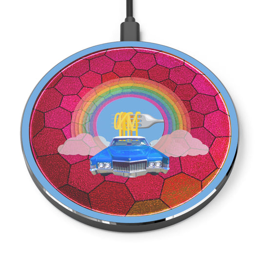 The Flow - Wireless Lumpy Donut Chargers - "Wireless Spaghetti Incident in my Caddy" - magenta hexadonut w/navy background - variant 2