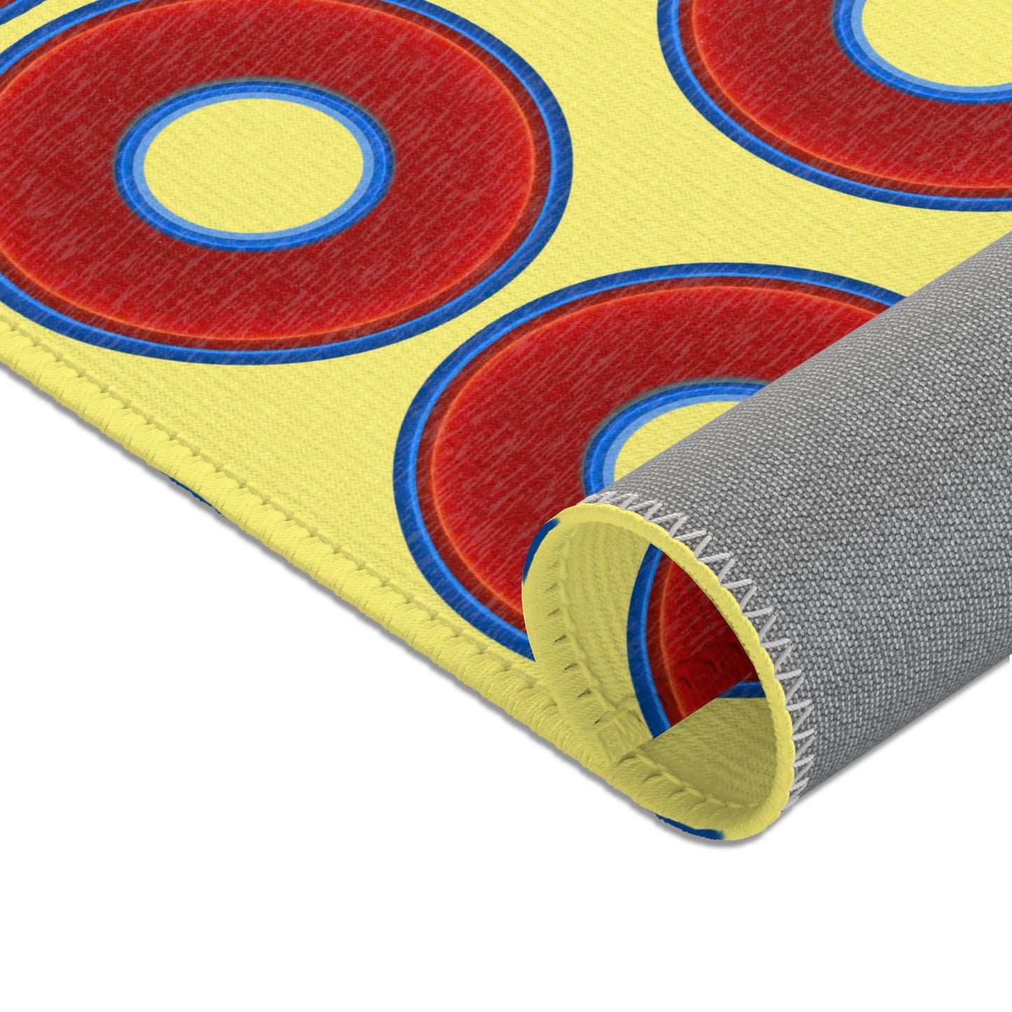 Lumpy Donut Print Rug - choice of 3 sizes - vivid red donut print w/yellow background