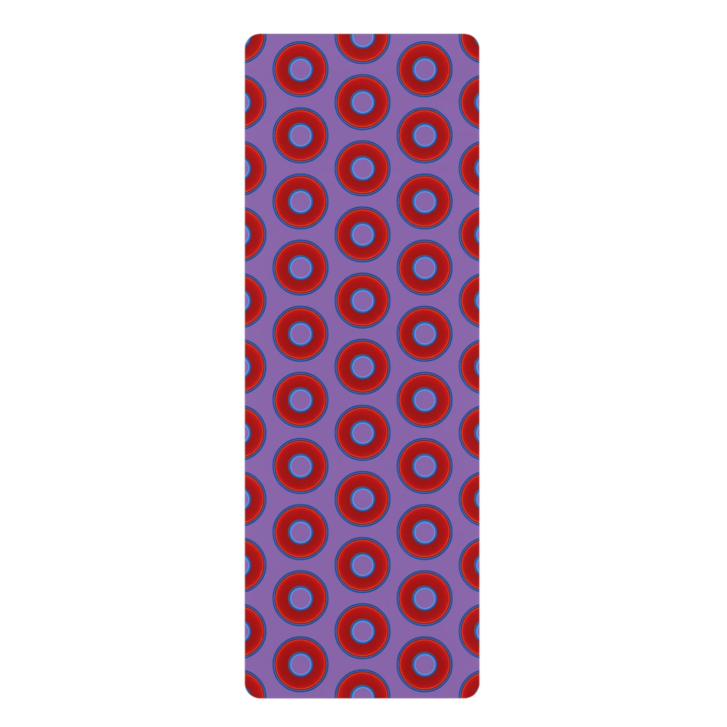 Lumpy Donut Yoga Mat :) - 24″ x 70" - vivid red donut print w/light purple background