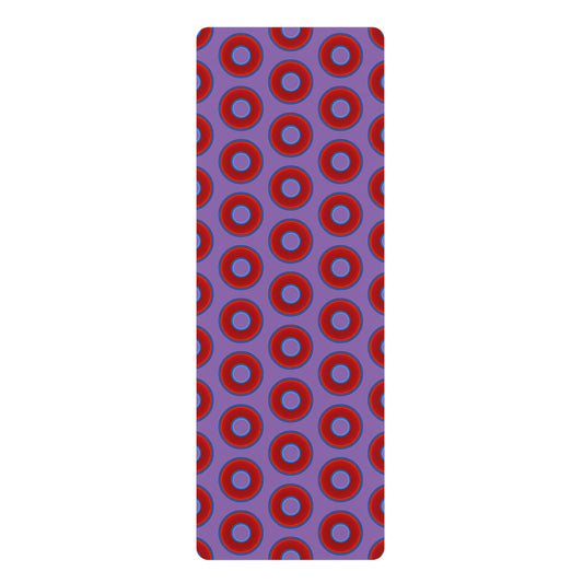 Lumpy Donut Yoga Mat :) - 24″ x 70" - vivid red donut print w/light purple background