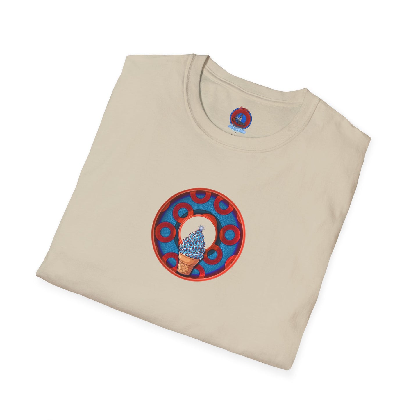 Classic Donut Tee - Unisex Soft-Style - "We All Scream It's ICE Cream" - blue/red rustic paradox donut