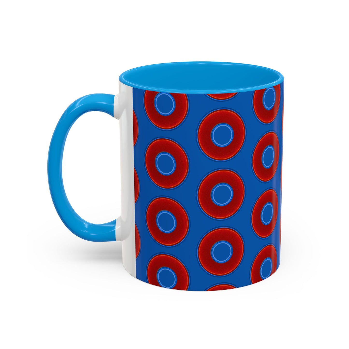 Lump's Grumpy Coffee Mug - vivid red donuts w/dark royal blue background
