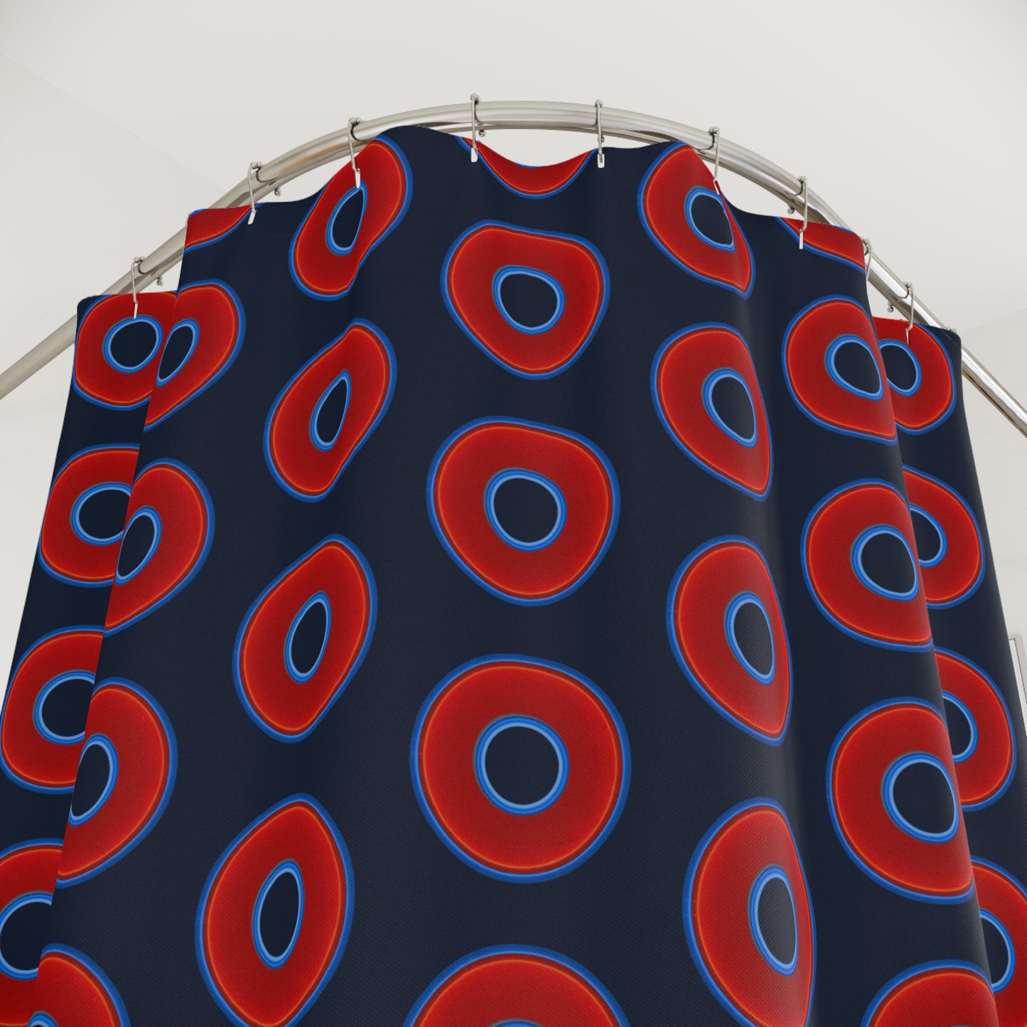 The Curtain With "Donuts" - Lumpy Bath Time Fun - vivid red donuts w/midnight teal background