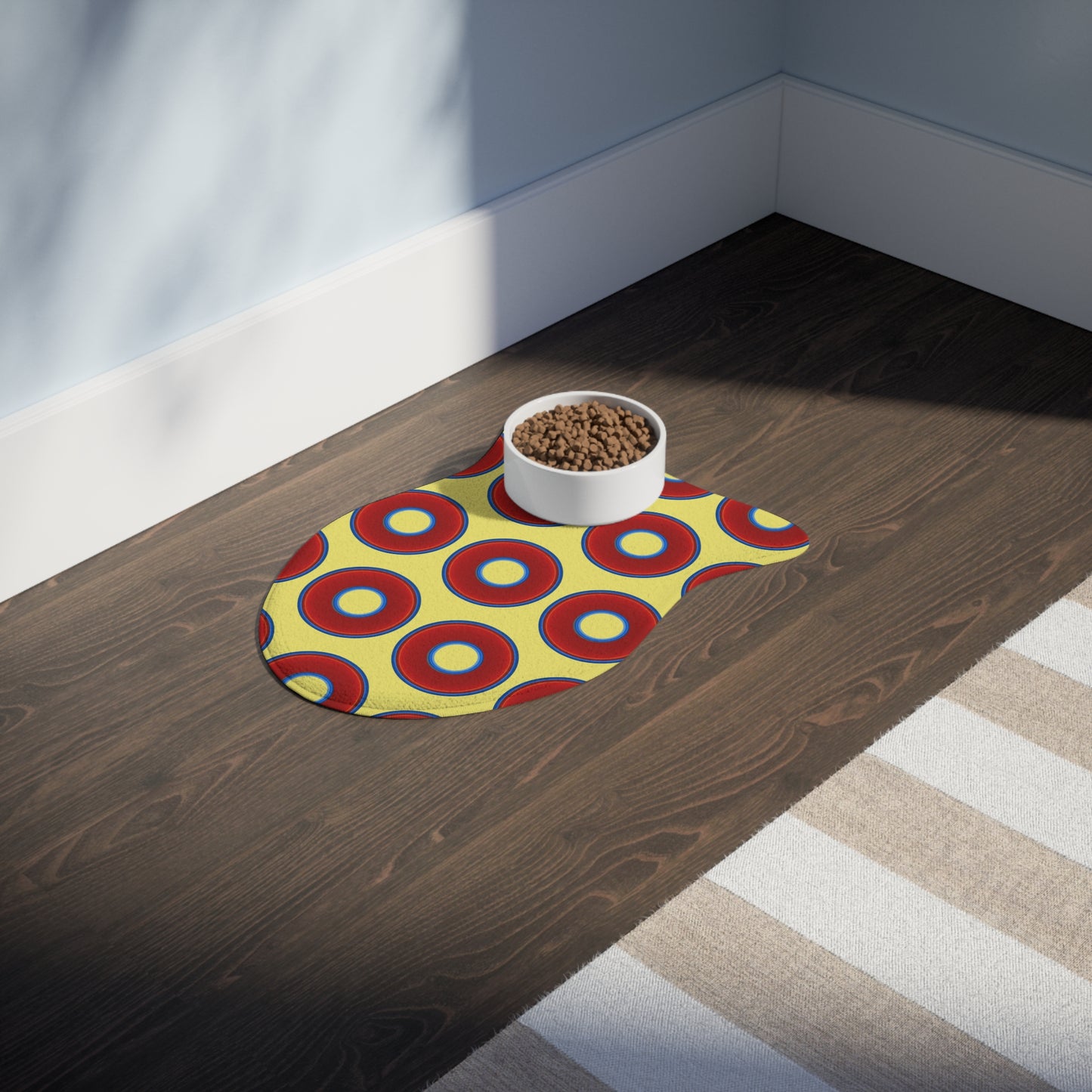 Wendy's Lumpy Pet Feed Mat - vivid red donuts w/yellow background