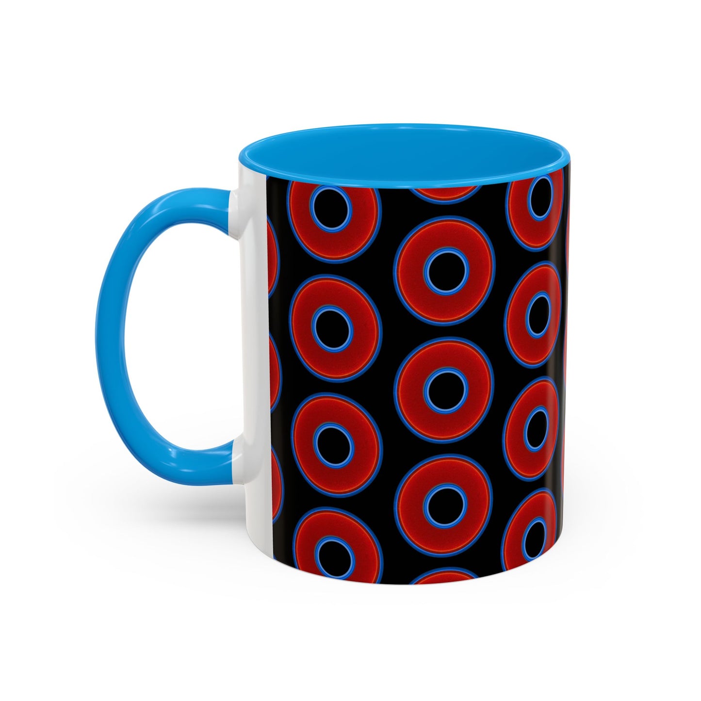 Lump's Grumpy Coffee Mug - vivid red donuts w/black background