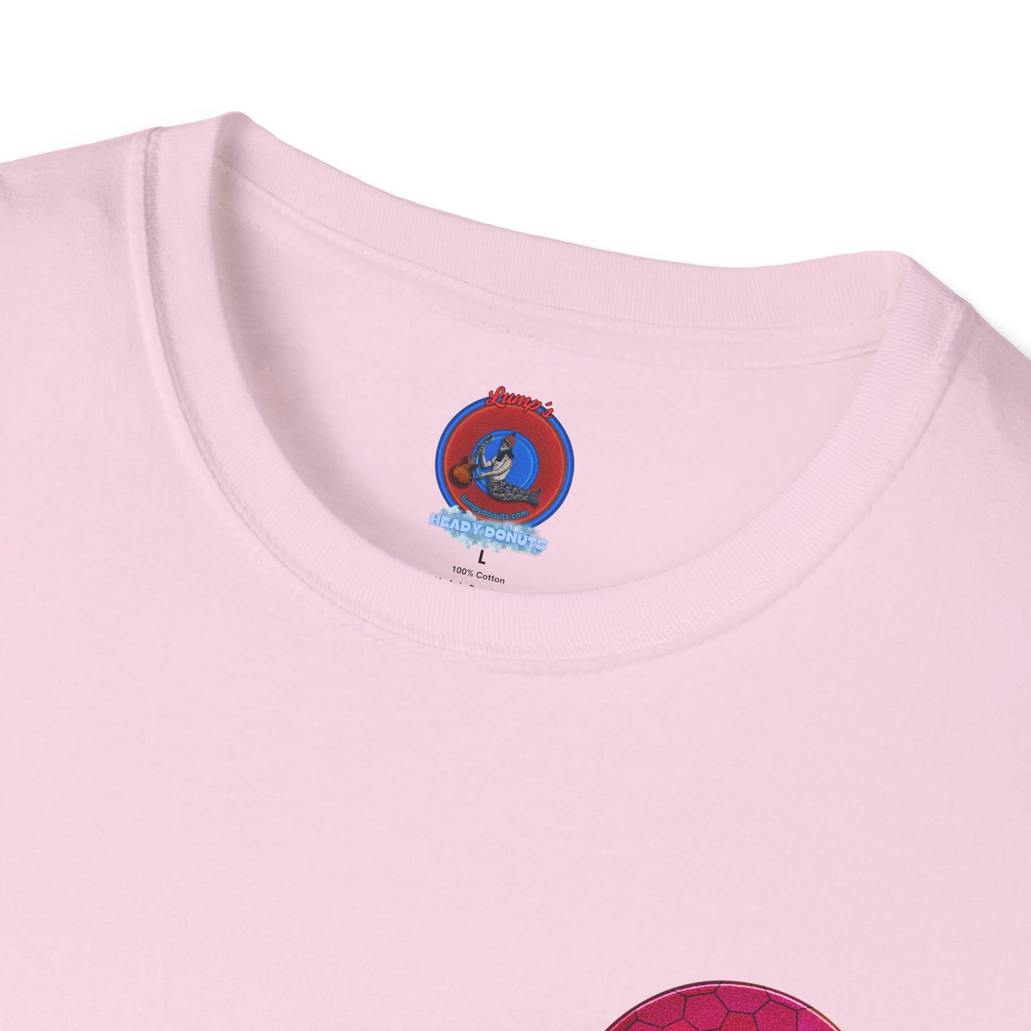 Classic Donut Tee - Unisex Soft-Style - "Cadillac Rainbows Donut Tee " - variant 2 - magenta hexadonut w/blue caddy