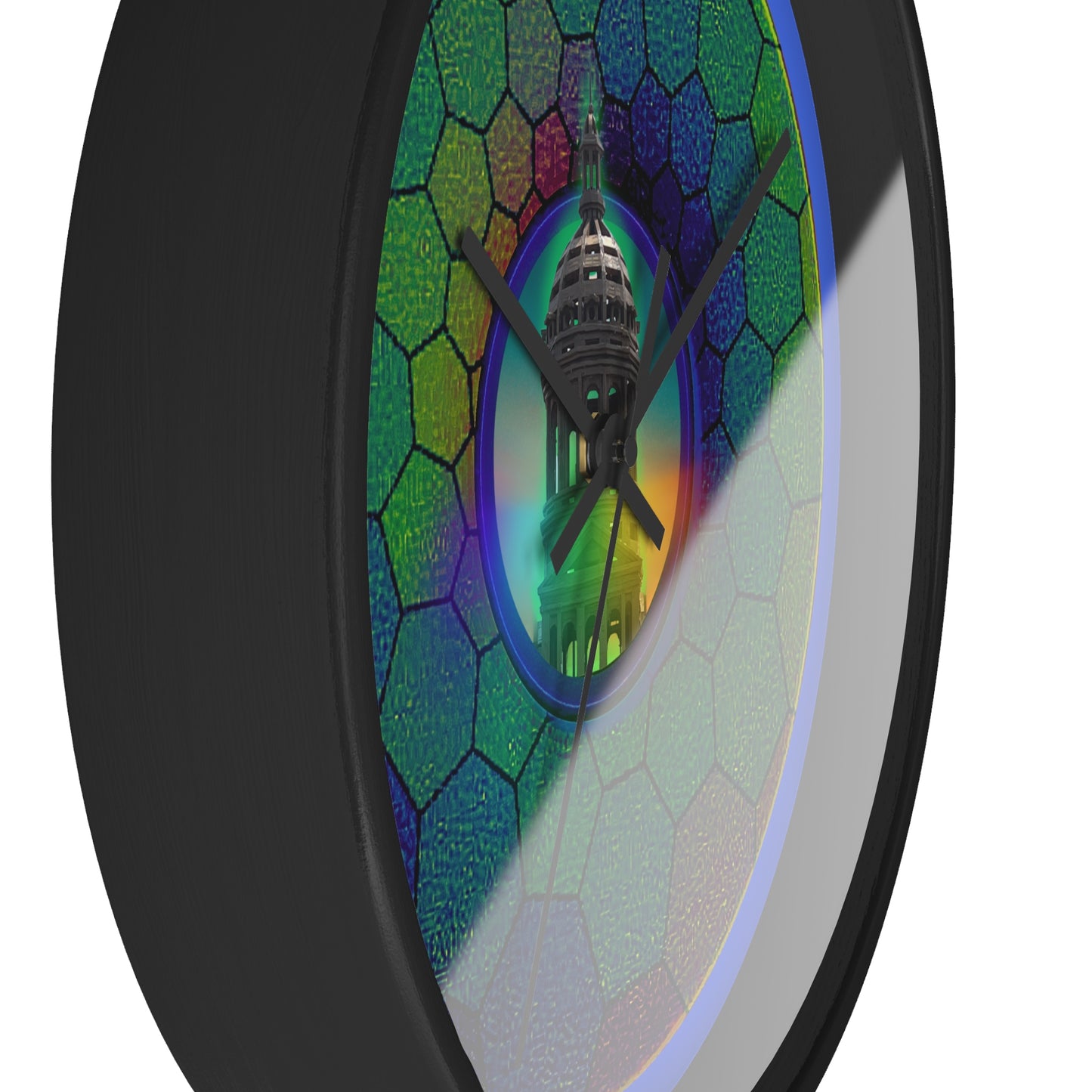 Lumpy Wall Clock - "Save the Mondegreen City Hall Clock Tower" - green hexadonut w/royal blue background