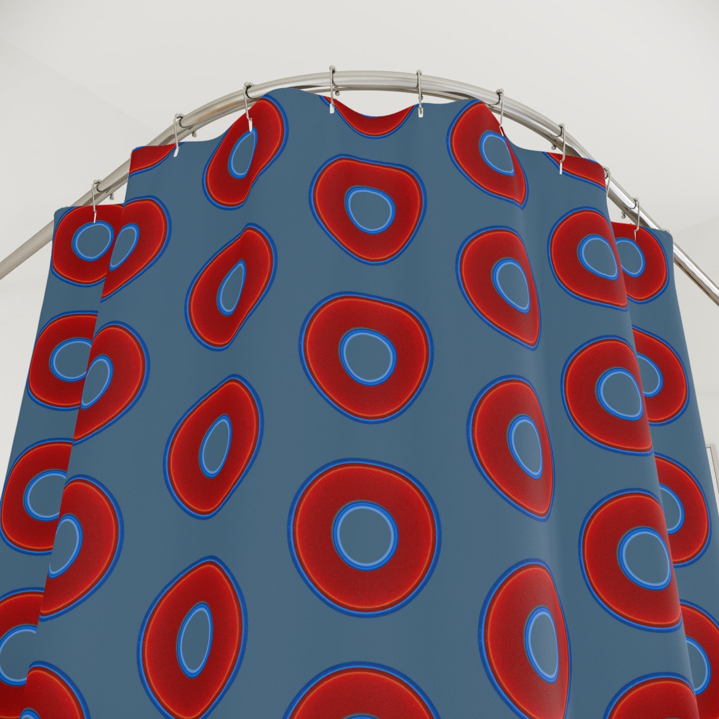 The Curtain With "Donuts" - Lumpy Bath Time Fun - vivid red donuts w/steel blue background