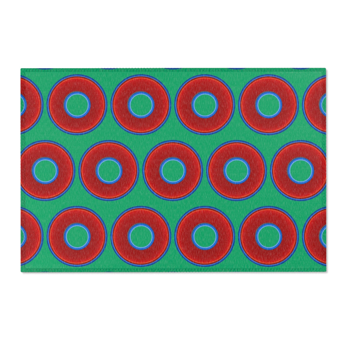 Lumpy Donut Print Rug - choice of 3 sizes - vivid red donut print w/jade green background