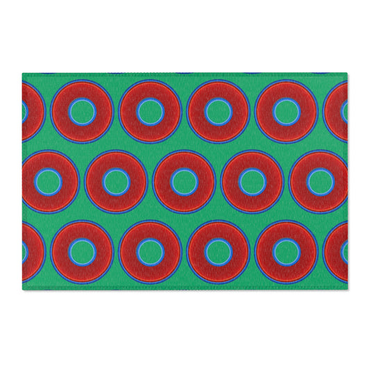 Lumpy Donut Print Rug - choice of 3 sizes - vivid red donut print w/jade green background