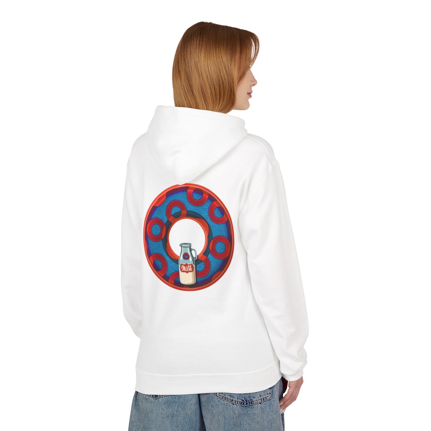 Fleece Harry Hoodies [Midweight Soft-style] - "Wooked Cream Dairy - YEMSG Donut" - blue/red rustic paradox donut - variant 1