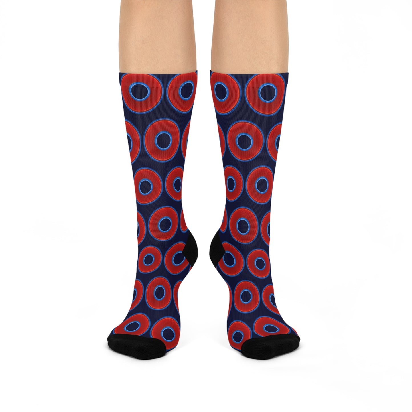 Lumpy Sox - cushioned crew - vivid red donut print w/dark navy blue background