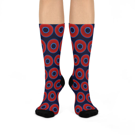 Lumpy Sox - cushioned crew - vivid red donut print w/dark navy blue background