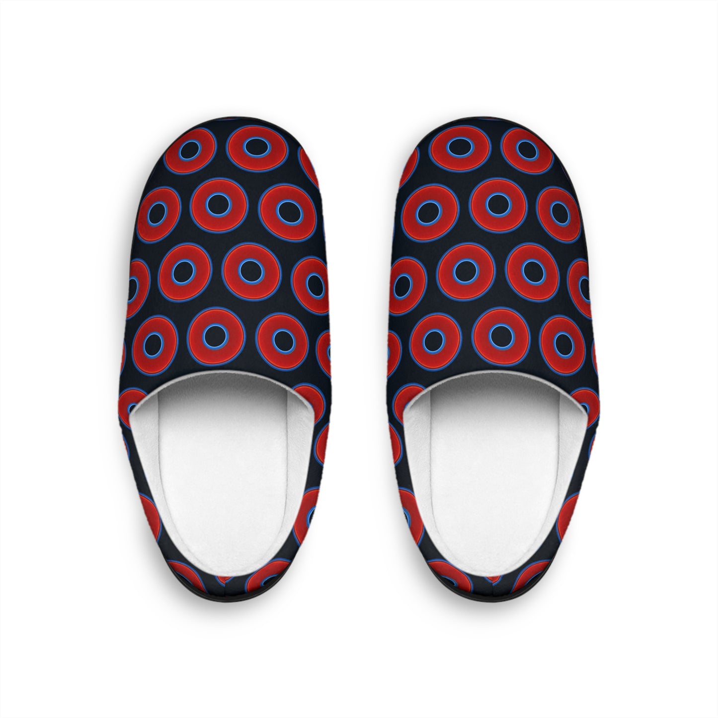 Men's Lumpy Slippers - red vivid donut print w/blue charcoal background